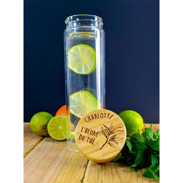 Théière nomade à double paroi avec bouchon en bambou gravé