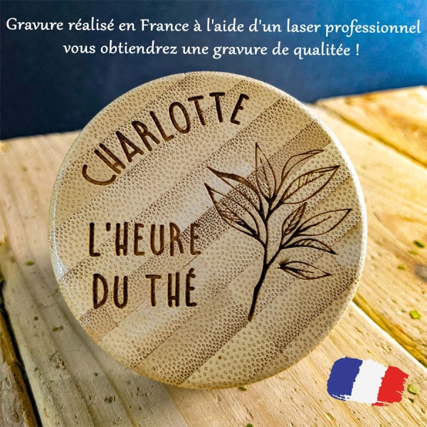 Théière nomade à double paroi avec bouchon en bambou gravé