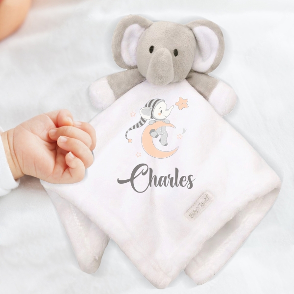 Doudou éléphant blanc Modèle Lune bleu