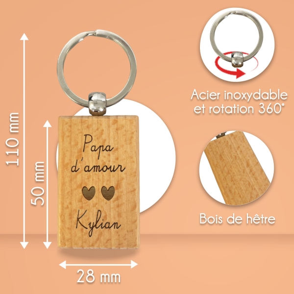 Porte-clés rectangle en bois personnalisé - Modèle Amour
