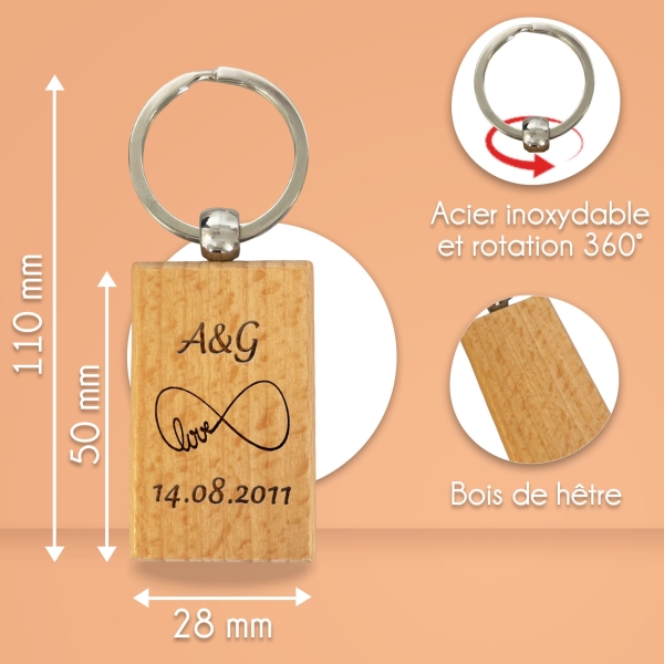 Porte-clés rectangle en bois personnalisé - Modèle Infini