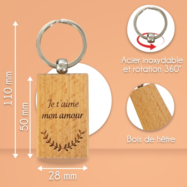 Porte-clés rectangle en bois personnalisé - Modèle Lauriers
