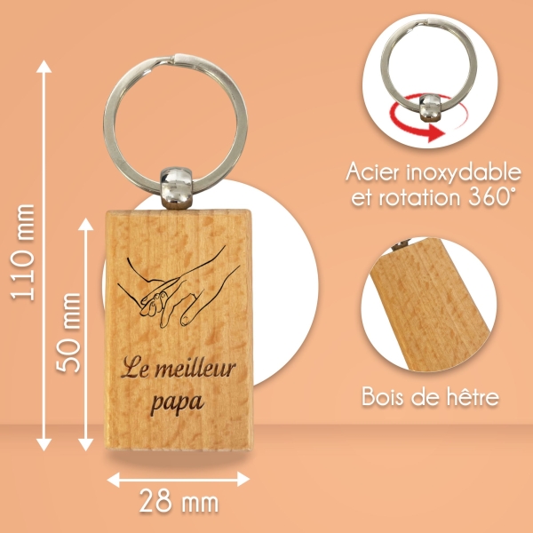 Porte-clés rectangle en bois personnalisé - Modèle Mains