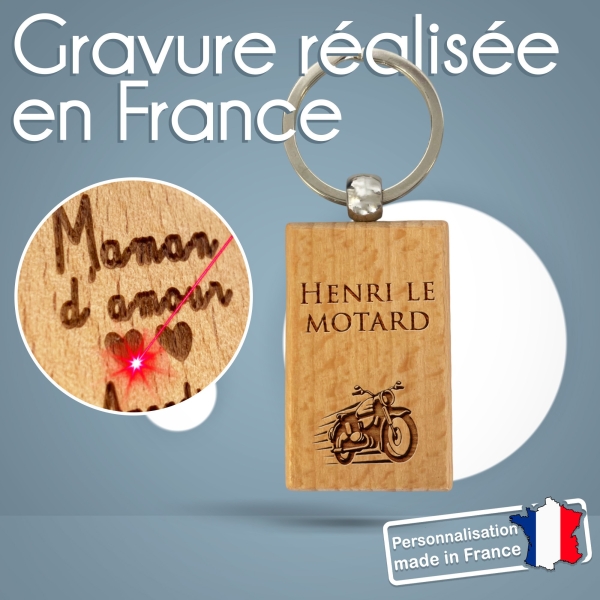 Porte-clés rectangle en bois personnalisé - Modèle Moto