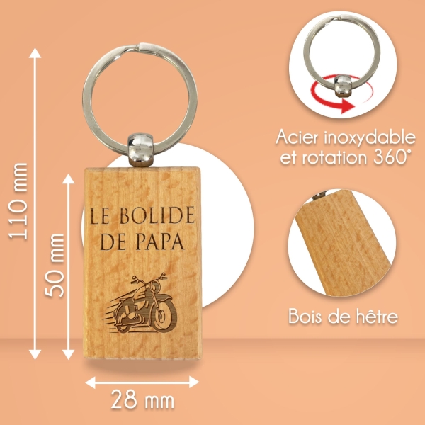Porte-clés rectangle en bois personnalisé - Modèle Moto