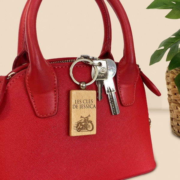Porte-clés rectangle en bois personnalisé - Modèle Moto