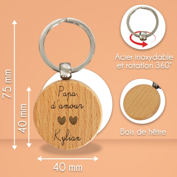 Porte-clés rond en bois personnalisé - Modèle Amour