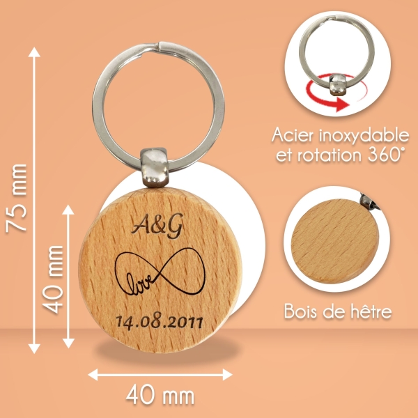 Porte-clés rond en bois personnalisé - Modèle Infini