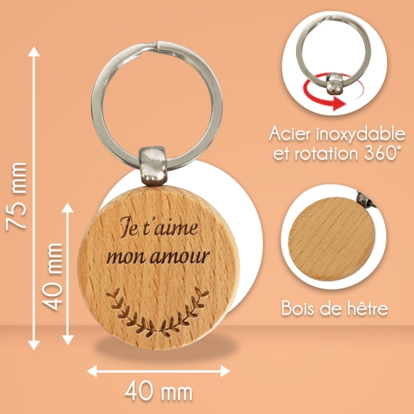 Porte-clés rond en bois personnalisé - Modèle Lauriers