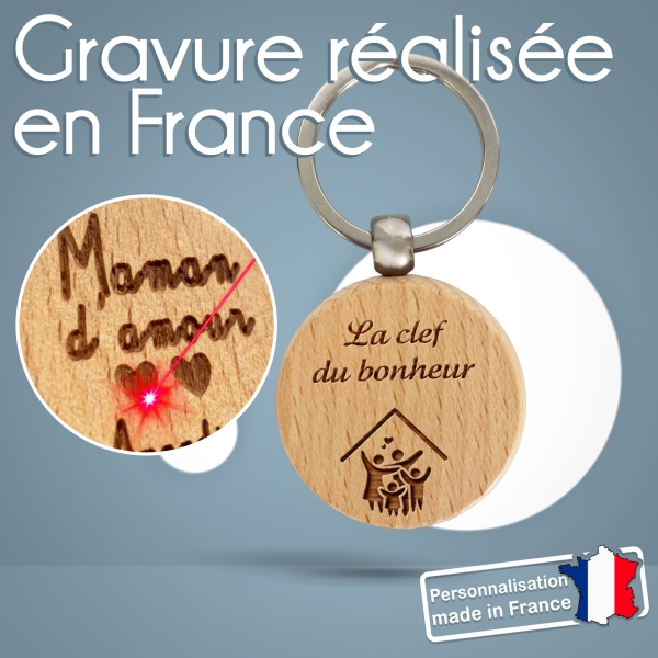 Porte-clés rond en bois personnalisé - Modèle Maison