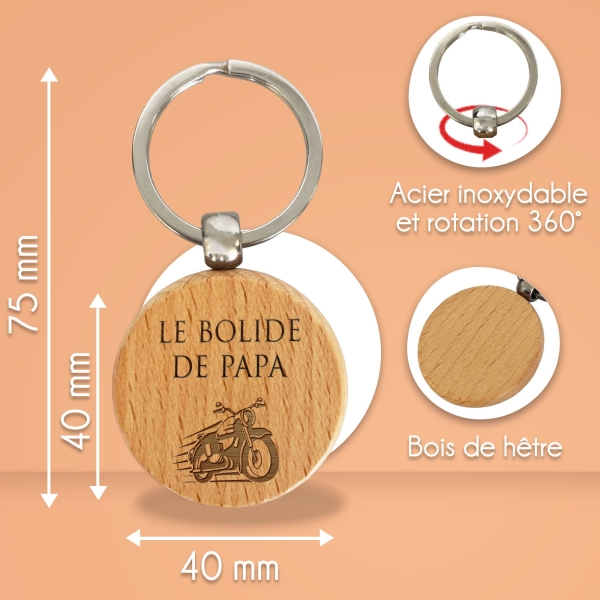 Porte-clés rond en bois personnalisé - Modèle Moto