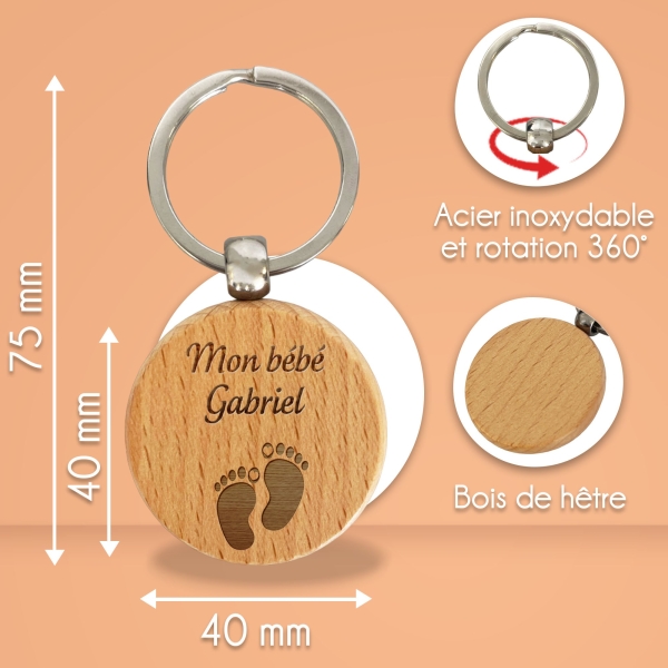 Porte-clés rond en bois personnalisé - Modèle Enfant