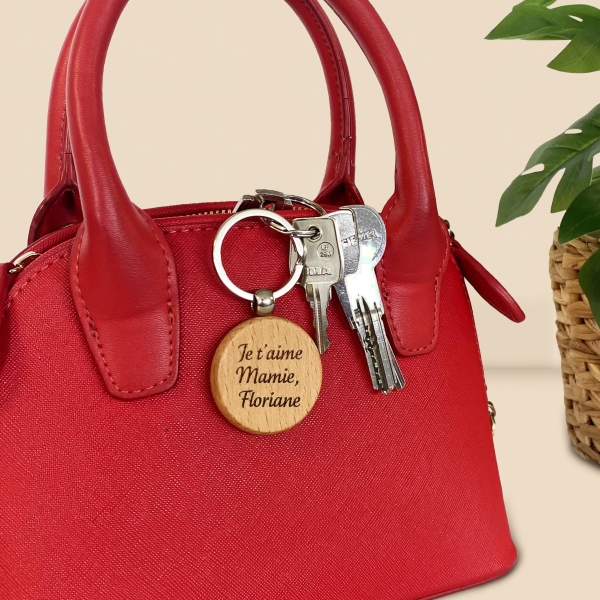 Porte-clés rond en bois personnalisé - Texte à graver