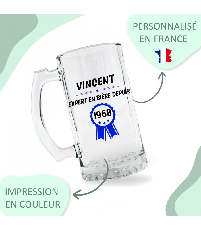 Chope à Bière Personnalisée 0,5L - Gravure Nom Et Date, Cadeau Anniversaire