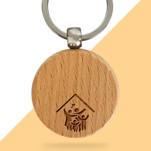 Porte-clés rond en bois personnalisé - Modèle Maison