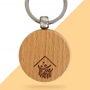 Porte-clés rond en bois personnalisé - Modèle Maison
