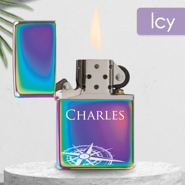 Briquet personnalisé essence couleur bleu - Modèle boussole