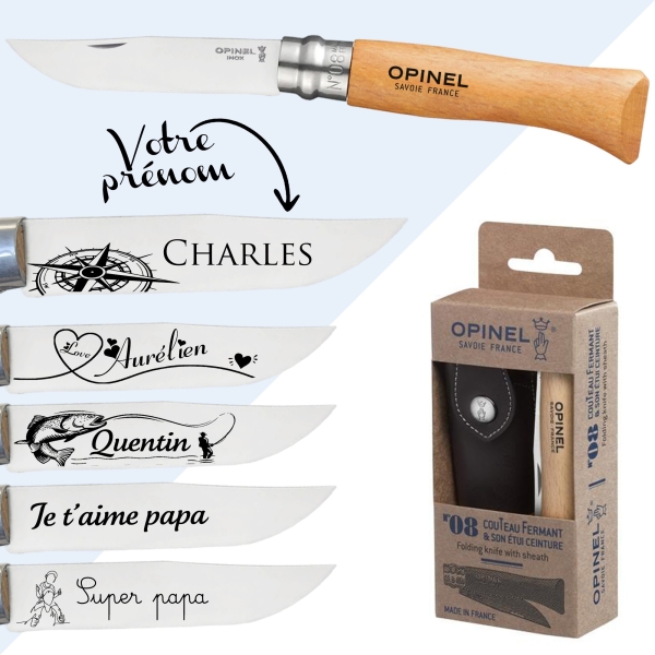 Coffret couteau Opinel n°8 manche olivier personnalisé