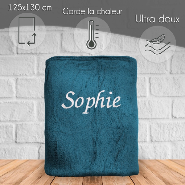 Plaid microfibre Bleu Orage 125x150 brodé