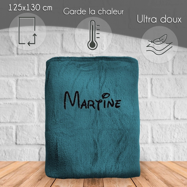 Plaid microfibre Bleu Orage 125x150 brodé