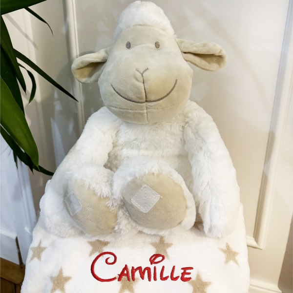 Peluche mouton blanc et son plaid personnalisé