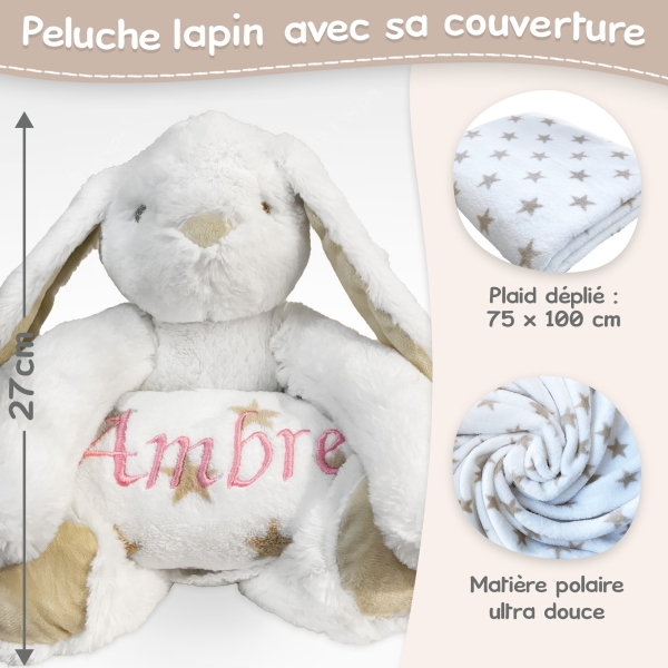 Peluche lapin blanc et son plaid personnalisé