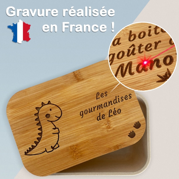Boite à goûter enfant personnalisée avec un texte - Modèle Dino