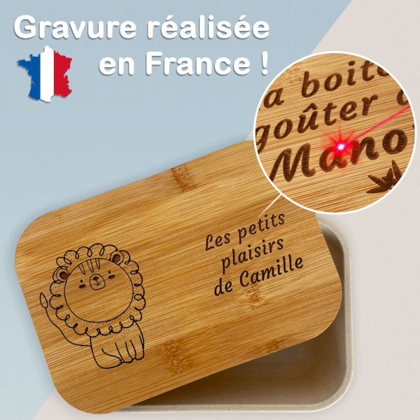 Boite à goûter enfant gravée avec votre texte - Modèle Lion