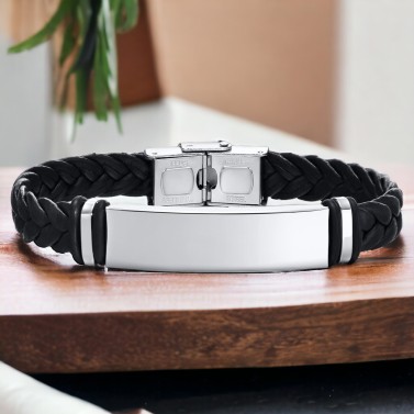 Bracelet noir tressé pour homme gravé