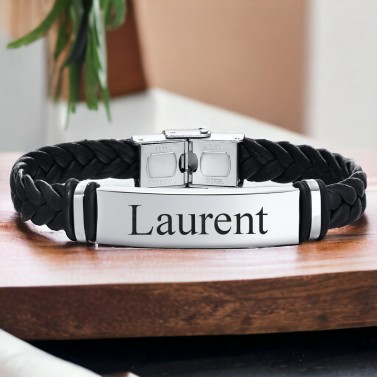 Bracelet noir tressé pour homme gravé
