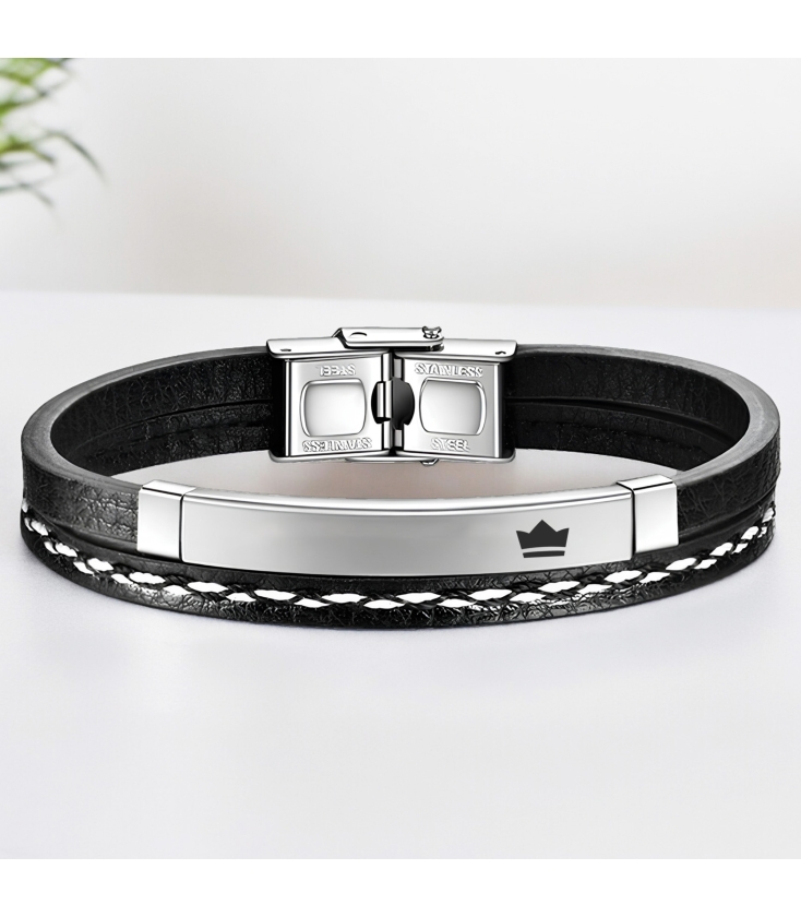 Bracelet Homme Double Lien Cuir Noir – Fermoir Acier, Cadeau Fête Des Pères, Neuf Avec étiquettes