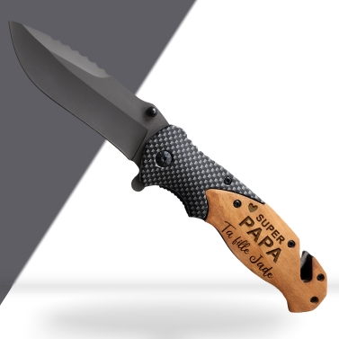 Couteau gravé personnalisé survie finition carbone - Modèle Fête des Pères