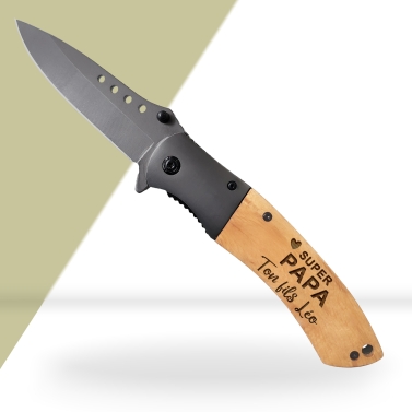 Couteau gravé personnalisé sécurité avec manche en bois - Modèle Fête des Pères
