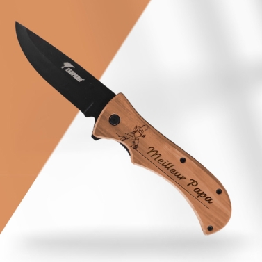 Couteau gravé personnalisé léopard en bois lame noir - Modèle Papa