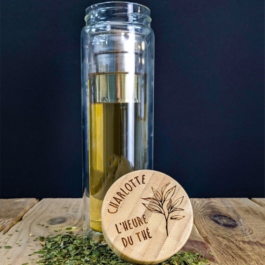 Théière nomade à double paroi avec bouchon en bambou gravé