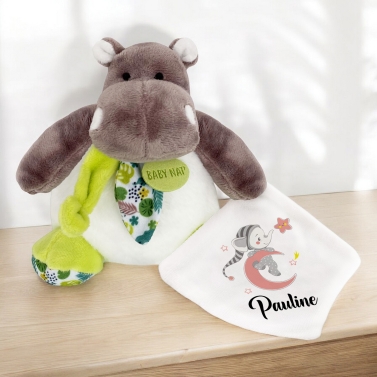 Doudou Hippopotame avec une personnalisation – Lune rose