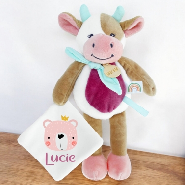 Doudou Vache à personnaliser - Ours rose
