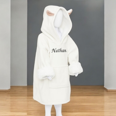 Couverture à capuche ourson blanc brodée