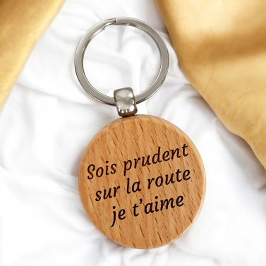 Porte-clés rond en bois personnalisé - Texte à graver