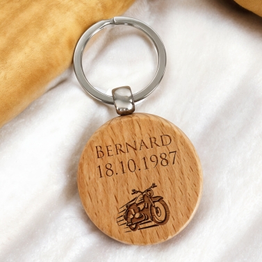 Porte-clés rond en bois personnalisé - Modèle Moto