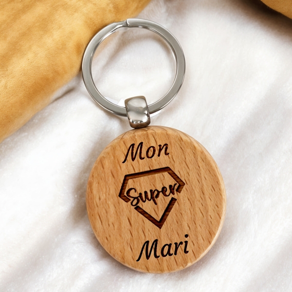 Porte-clés rond en bois personnalisé - Modèle Super