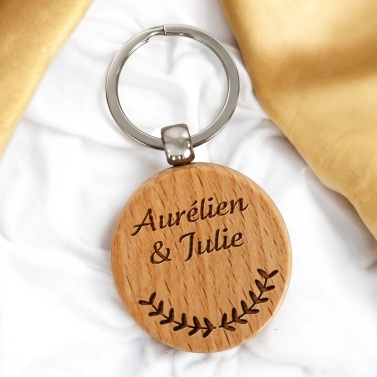 Porte-clés rond en bois personnalisé - Modèle Lauriers
