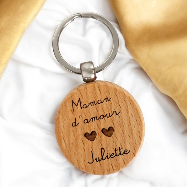 Porte-clés rond en bois personnalisé - Modèle Amour