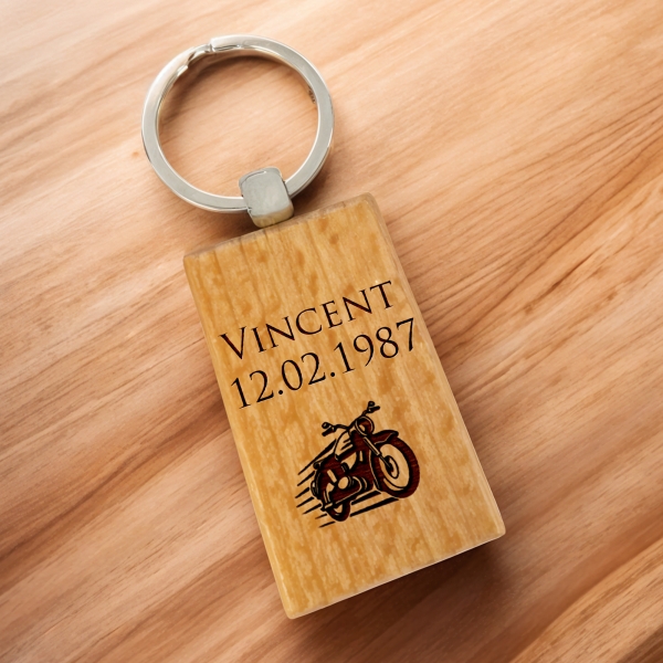 Porte-clés rectangle en bois personnalisé - Modèle Moto