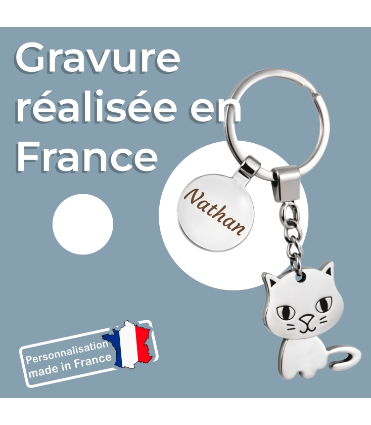 Porte clé prénom personnalisé avec une gravure et un chat en acier inoxydable