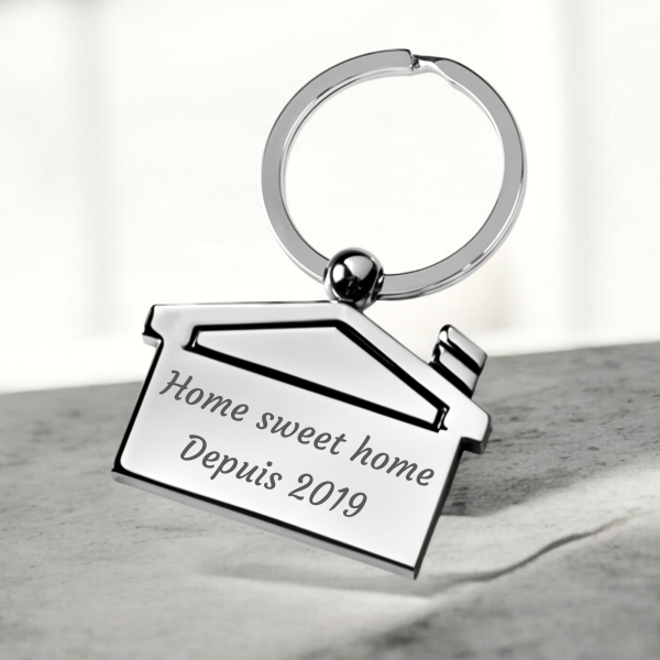 porte clés maison métal chromé texte à graver