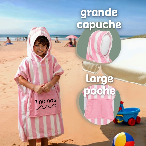 Peignoir poncho à capuche personnalisé enfant - Modèle vague