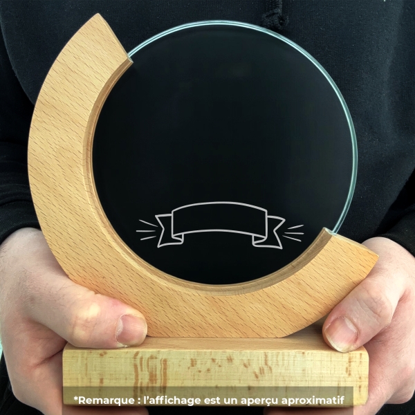 Trophée en verre personnalisé - Modèle rond base bambou - Texte