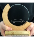 Trophée en verre personnalisé - Modèle rond base bambou - Texte