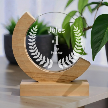 Trophée en verre personnalisé - Modèle rond base bambou - Top 1
